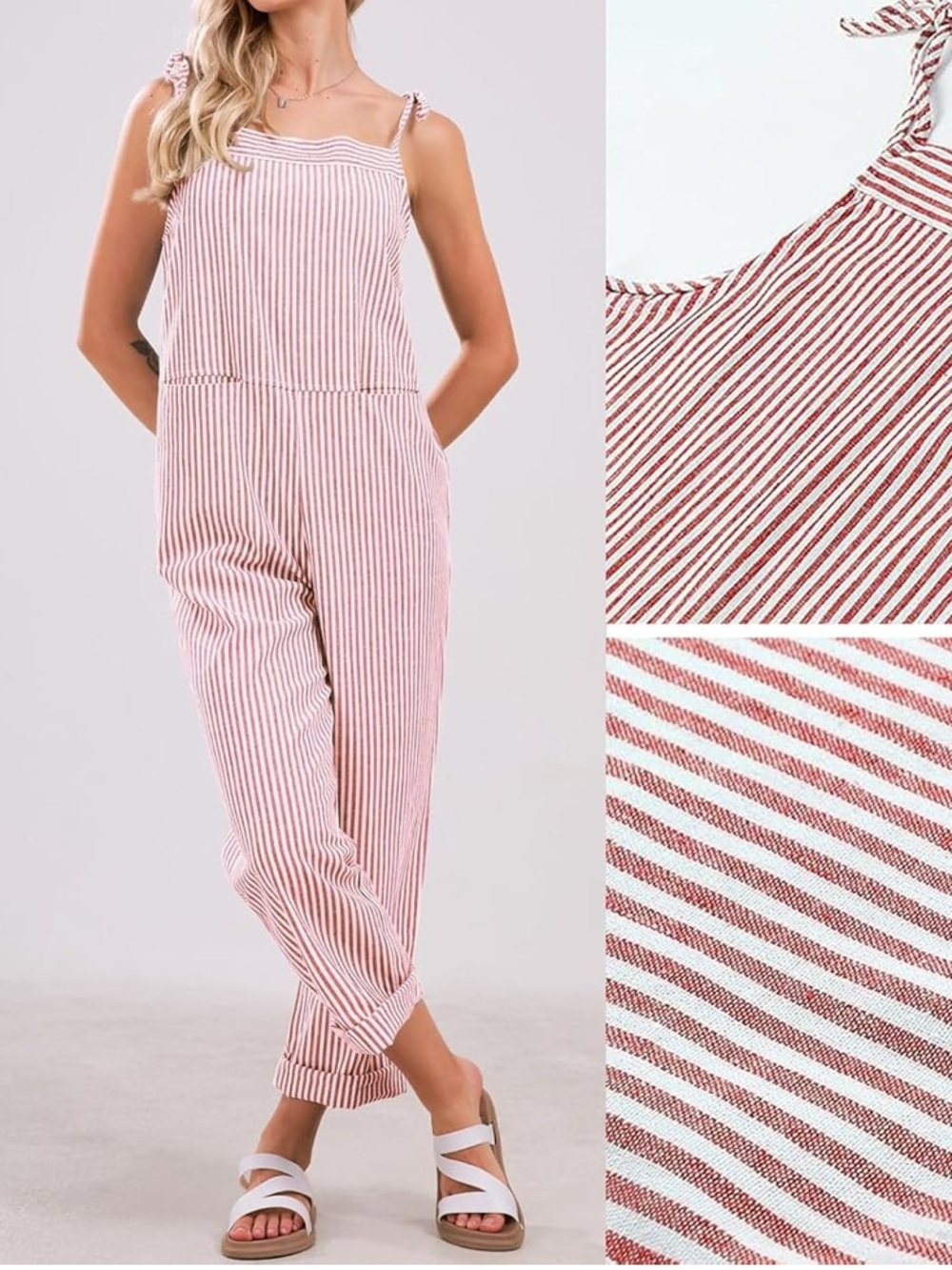 Red White Striped Linen Blend Tie Strap Jumpsuit Oversized Overalls Size L